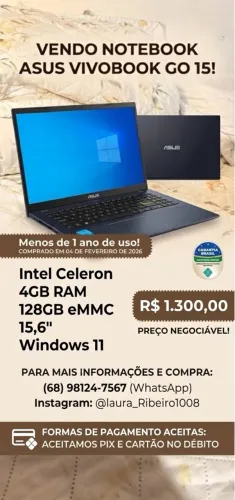 Vendo Notebook Asus Vivobook Go 15 impecável!