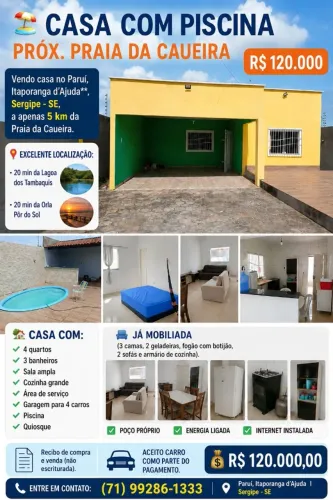 ## Casa com Piscina Próx. Praia da Caueira-SE - R$ 120.000