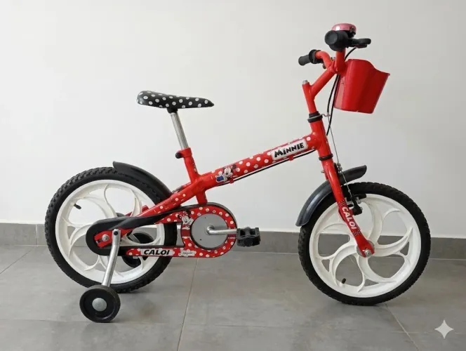 Bicicleta Infantil Caloi Minnie Aro 16 com Cestinha e Rodinhas - Ótimo Estado