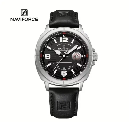 Relógio NAVIFORCE NF8078 Vintage Casual Masculino Diâmetro 43mm Pulseira Couro Preto