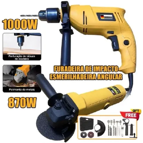 Super Kit de Ferramentas: Furadeira 1000W + Esmerilhadeira 870W