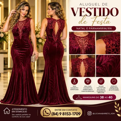 ALUGUEL DE VESTIDO LONGO VINHO EM VELUDO - MODELO SEREIA COM RENDA