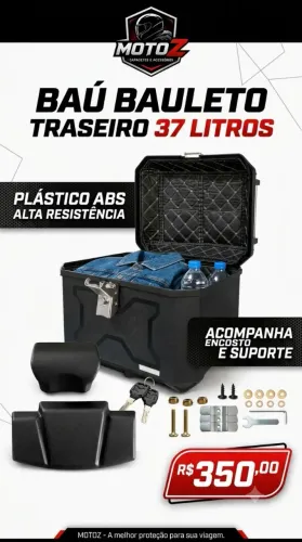 Baú 37L para moto. Com forro e encosto garupa.