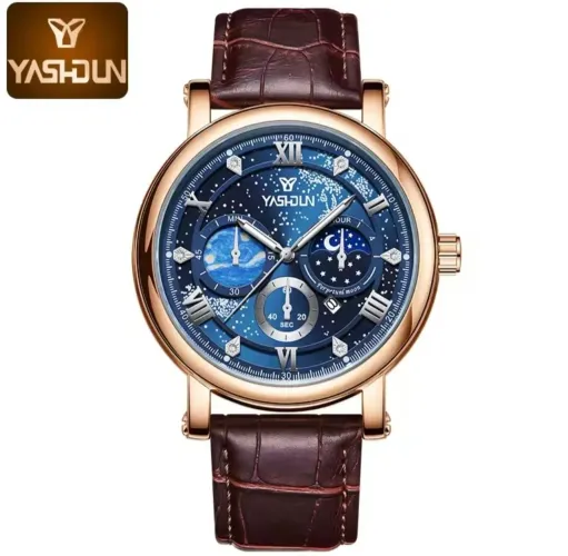 Relógio de Pulso YASHDUN Com Pulseira em Couro Muito Bonito Caixa azul Algarismos Romanos