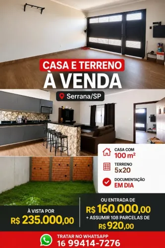 OPORTUNIDADE EM SERRANA/SP ? CASA + TERRENO!