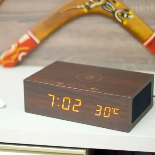 caixa de som bluetooth radio relógio madeira carregador sem fio