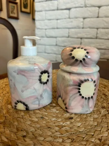 Conjunto Banheiro Cerâmica Vitrificada Artesanal Floral - 2 Peças