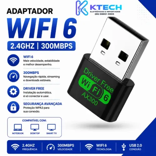 Adaptador Wi-Fi 6 USB 300Mbps (Fácil instalação)