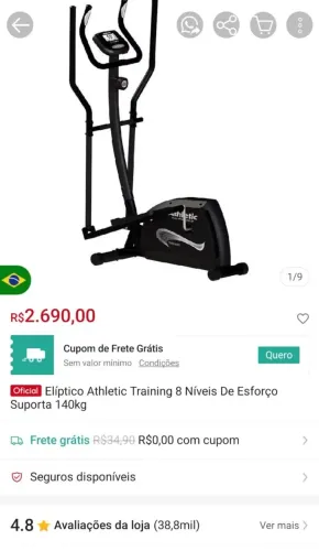 Vendo aparelho elíptico Atlético Training com 8 níveis de esforço.