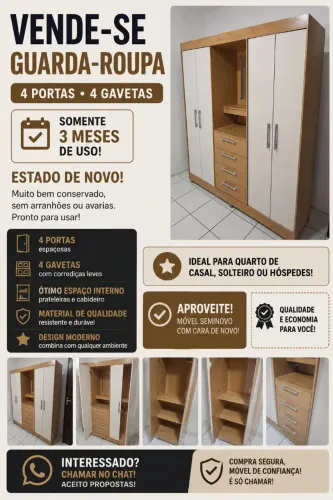 VENDE-SE GUARDA ROUPA. 4p/4g e porta joias. Somente 3 meses de uso.