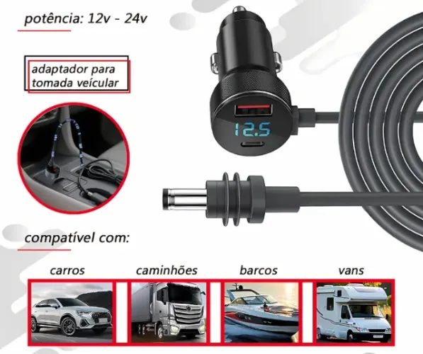 Cabo Carregador 3 Em 1 Starlink Mini 12v 24v Veicular Tomada 2 Metros Dc Plug Usb Tipo C