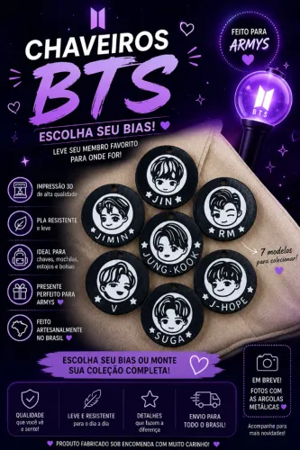 ? Chaveiros BTS Impressos em 3D | Escolha seu Bias | Jin, Suga, J-Hope, RM, Jimin, V e Ju
