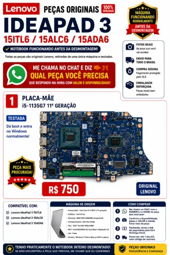 Placa Mãe Notebook Lenovo IdeaPad 3 15ITL6 15ALC6 Intel Core i5-1135G7 11ª Geração Iris Xe
