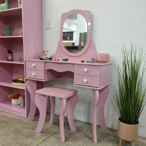 Penteadeira Princesa com Espelho Cores Branco ou Rosa com Banco Incluso
