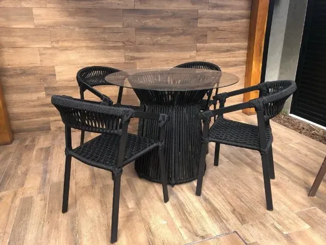 MESA DE CORDA NÁUTICA COM TAMPO DE VIDRO + 4 CADEIRAS