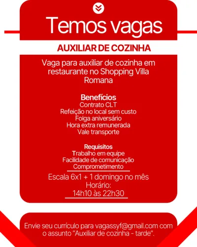 Vaga para auxiliar de cozinha - tarde