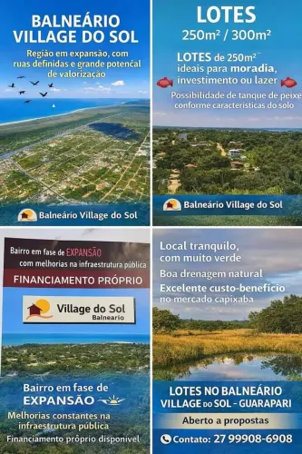 Lotes exclusivos na praia Guarapari. Balneário Village do Sol, financiamento próprio-troco