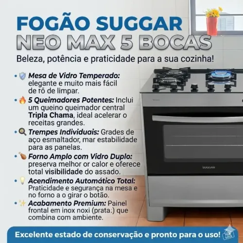 Fogão Piso Neo Max Suggar 5 bocas/queimadores