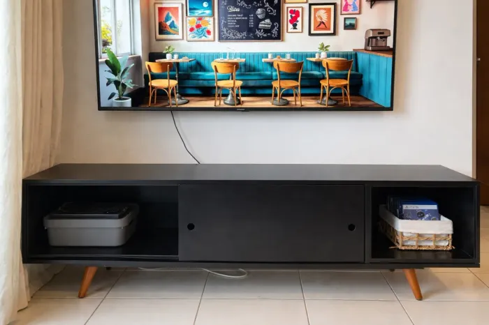 Rack Retrô Goslar Preto Fosco + mesa lateral grátis