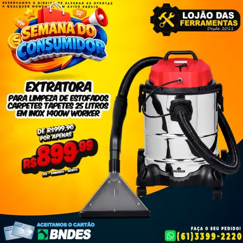 Extratora Para Limpeza de Estofados Carpetes tapetes 25 litros em Inox 1400w Worker