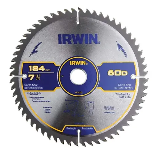 Disco Lâmina de Serra Circular para Madeira 7.1/4" 184mm x 20mm x 60 Dentes Irwin IW14110