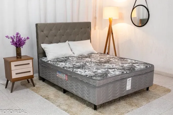 Cabeceira Casal Rio Sued Cinza + Cama Box Casal Dackar Ortopédica