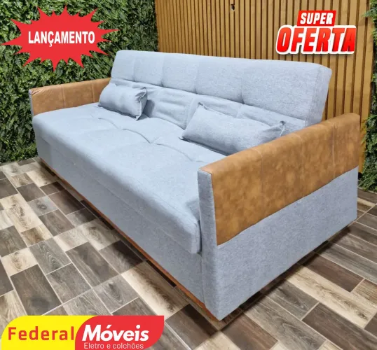 Sofá Cama Baú em Linho e detalhe em Courino 2,05m - Entregamos