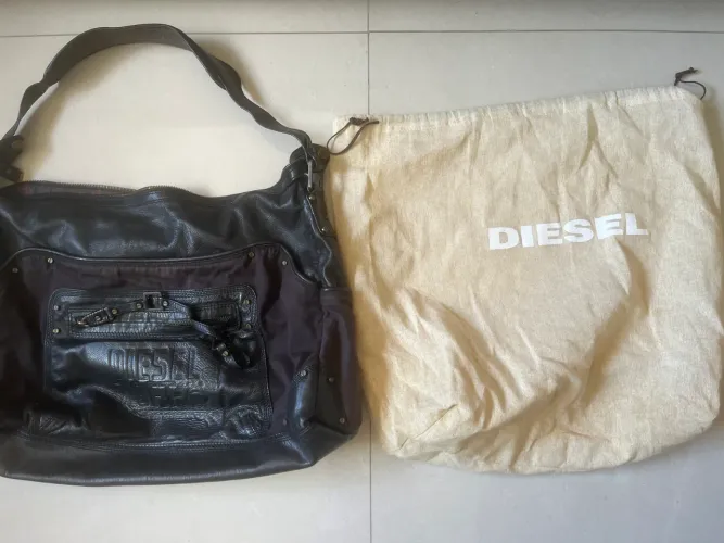 Bolsa grande couro e tecido jeans Diesel