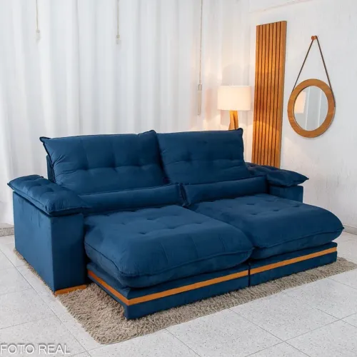 Sofá Retrátil Reclinável Ibiza 2.30m Veludo Azul - D33 e Molas Ensacadas rf65