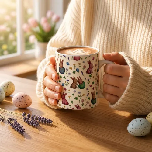 Caneca de Páscoa Coelhinhos e Flores Candy Color Presente Fofo