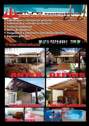 Construção civil e reformas, piscinas, pintura geral, alvenaria.