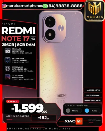 (PROMOÇÃO) Redmi Note 17 - 256GB | 8GB RAM - Azul, Preto - GARANTIA 03 MESES