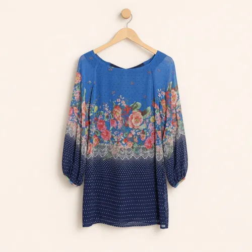 Vestido Curto Farm Floral e Poá Azul Chiffon Tam P veste 38 ao 40