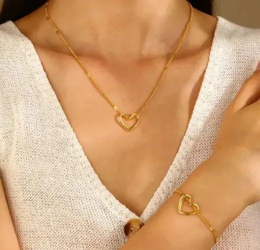 Semi Joia Aço Inoxidavel Conjunto Pulseira E Colar Coração