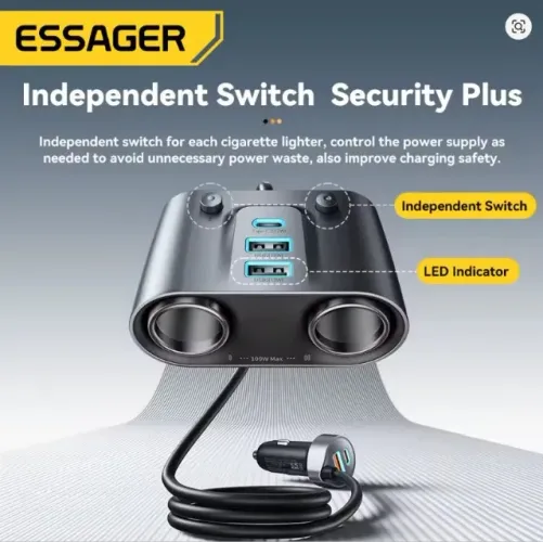 Carregador veicular rápido com extensão ESSAGER 12V/24V 