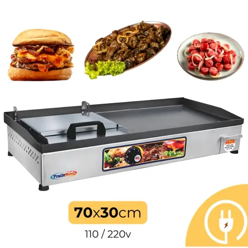 Chapa de Hamburguer Profissional Elétrica com Abafador Prensa 70x30 cm 110V 220V 