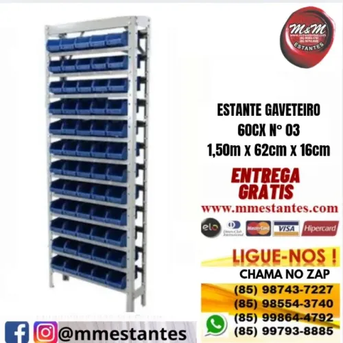 Entrega Grátis - Estante Aço Gaveteiro Nº 03 com 60 Caixas