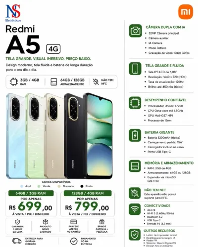 Smartphone Redmi A5 128 Gb 4gb Ram Dual Sim Lacrado Garantia Preto Azul Dourado