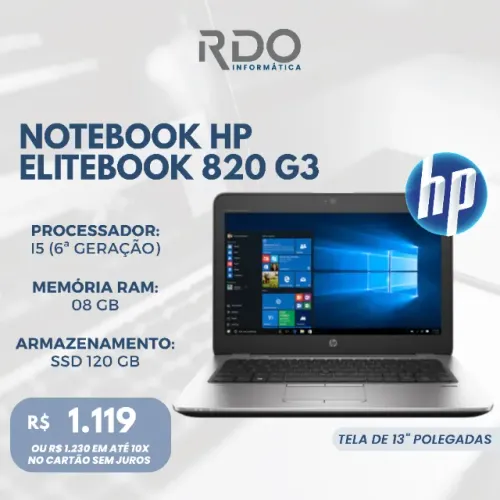 Notebook HP EliteBook 820 G3 i5 6ª Geração 8GB RAM SSD 120GB 13" - Notebook para estudo!