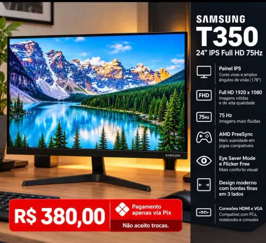 MONITOR SAMSUNG T350 24 IPS Full HD 75 Hz FreeSync - Impecável - Pouco uso