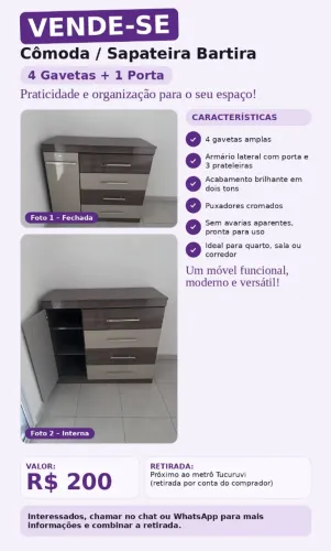 Cômoda/Sapateira 4 gavetas Bartira