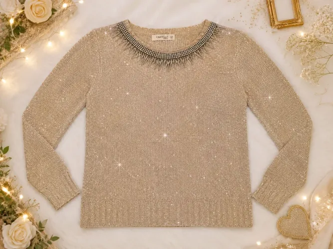 Blusa Feminina Tricô com Brilho e Gola Bordada Tipo Colar - Tamanho M - Elegante.