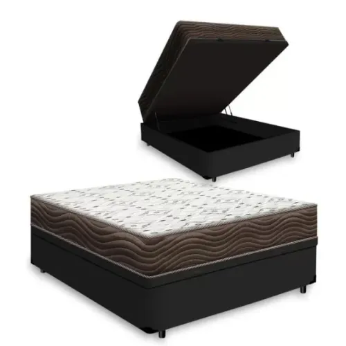 Base Box Casal Baú Preta com Colchão Casal D45 Ortobom - Entrega Rápida!