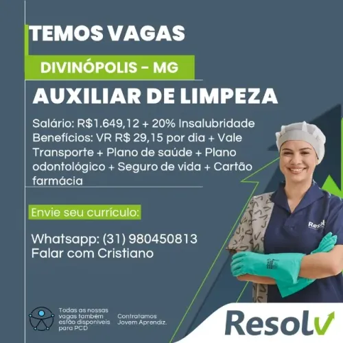 VAGA: Auxiliar de Limpeza em Divinópolis MG!!