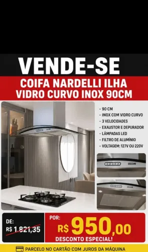 Coifa de Ilha Nardelli Vidro Curvo Inox 90cm - 