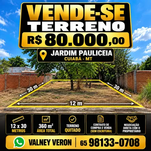 Terreno 360m² Quitado no Jardim Pauliceia, Cuiabá-MT | R$ 80 Mil