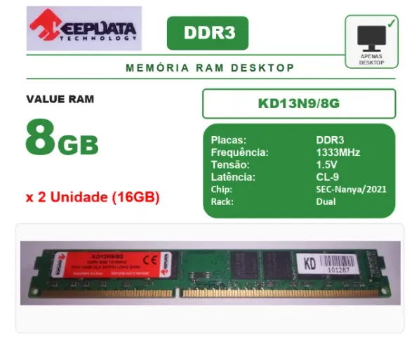 Ddr3 PC3 UDIMM Par 2x8gb 1333mhz Total 16gb Latência Cl09