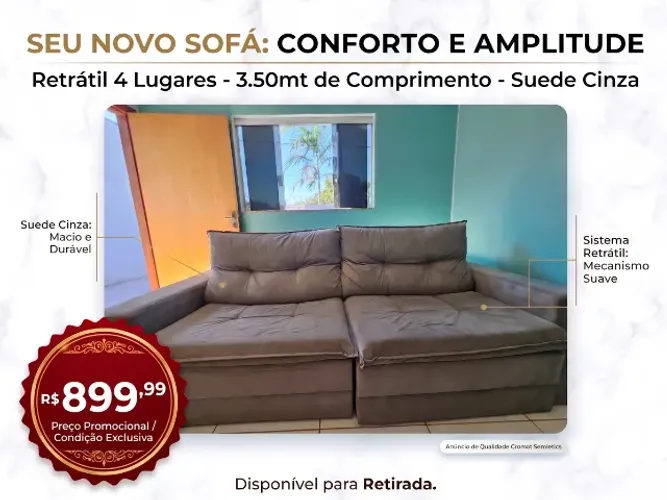 Sofá 4 Lugares Retrátil e Reclinável 3,5 mts Suede Cinza