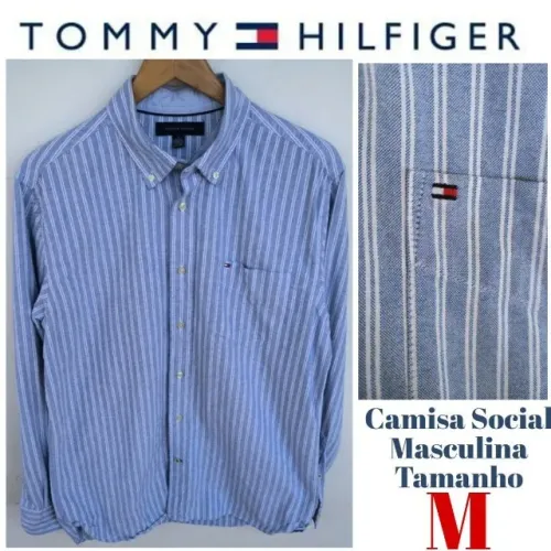 camisa social masculina - tommy hilfiger - tamanho m - listrada azul e branco