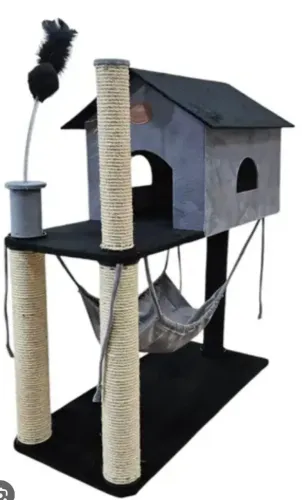 Casinha de gato com arranhador Novo Cinza com preto